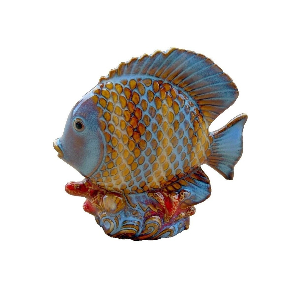 VTG Tropical Fish Figurine Blue Glazed Ceramic Coastal Beach House Decor 4.5"